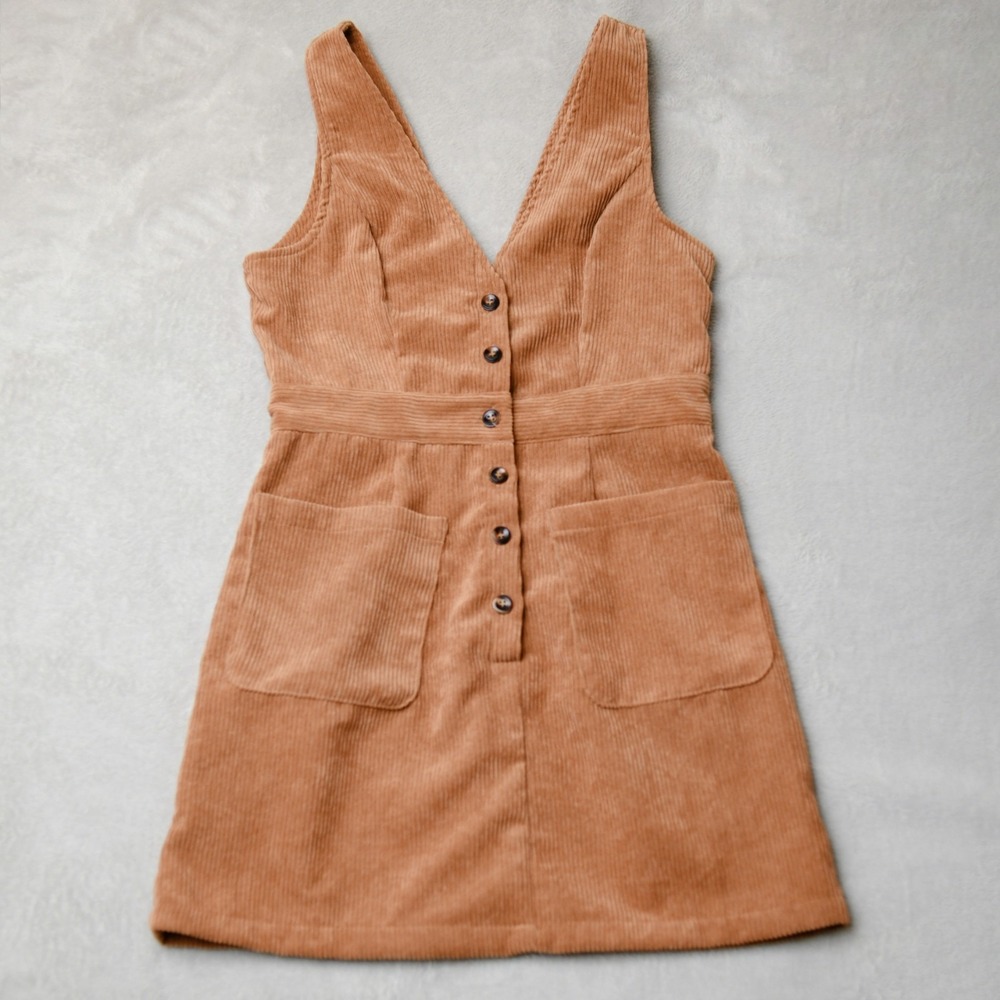Corduroy Jumper‎ Overall Dress 4 Camel Brown Wide Wale Boho Cottagecore V-Neck